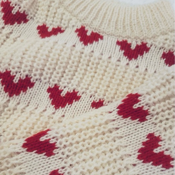 Hearts Print Red on Beige Knit Pullover Sweater Long Sleeve - Picture 16 of 16